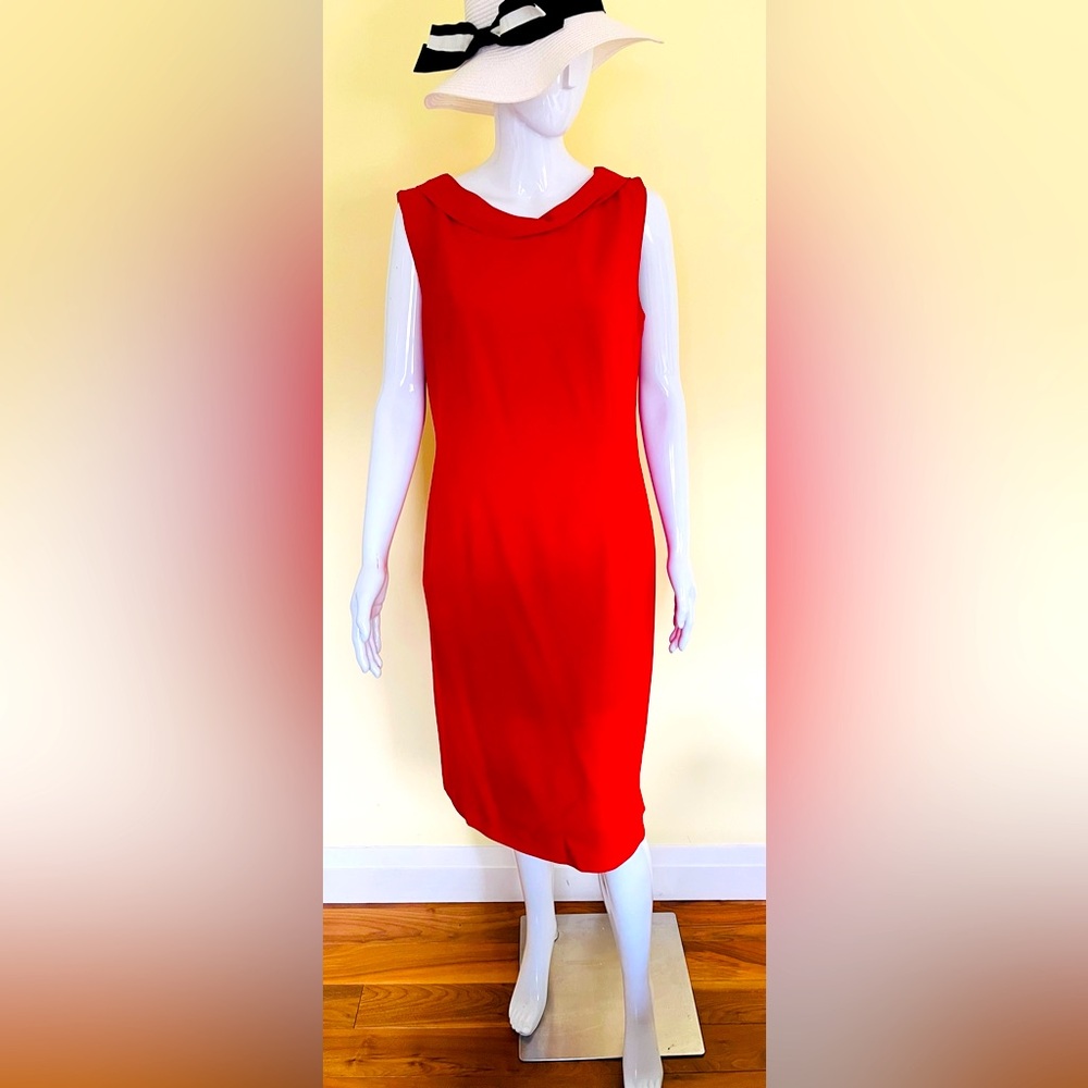 Red pencil dress just at knee wide roll neck V neck back with double collar US12